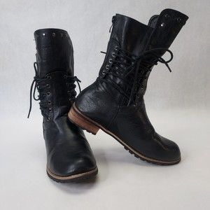Retro Laced Boots Women Size 8 Mid-calf Block Low Heel Strappy Booties Round Toe